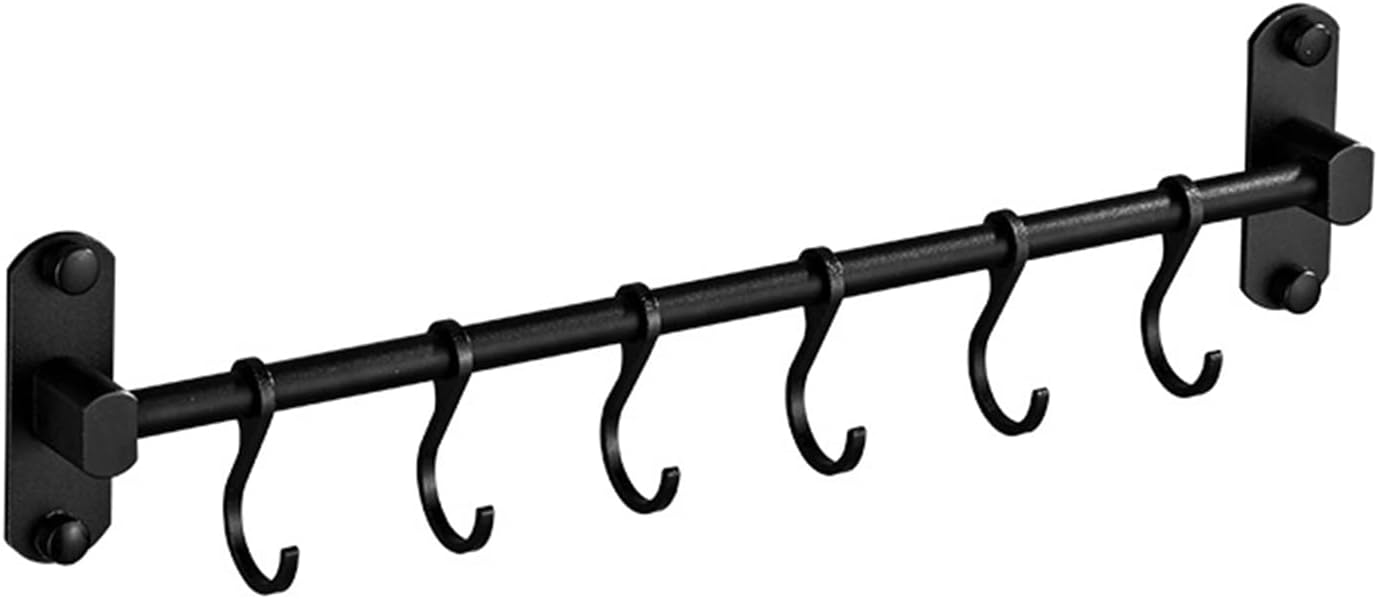 Kitchen Rail with 6 Sliding Hooks, Wall Mount Kitchen Utensil Rack, Pan and Pot Hangers Organization and Storage Holder Set, Aluminum (Black) - Image 1