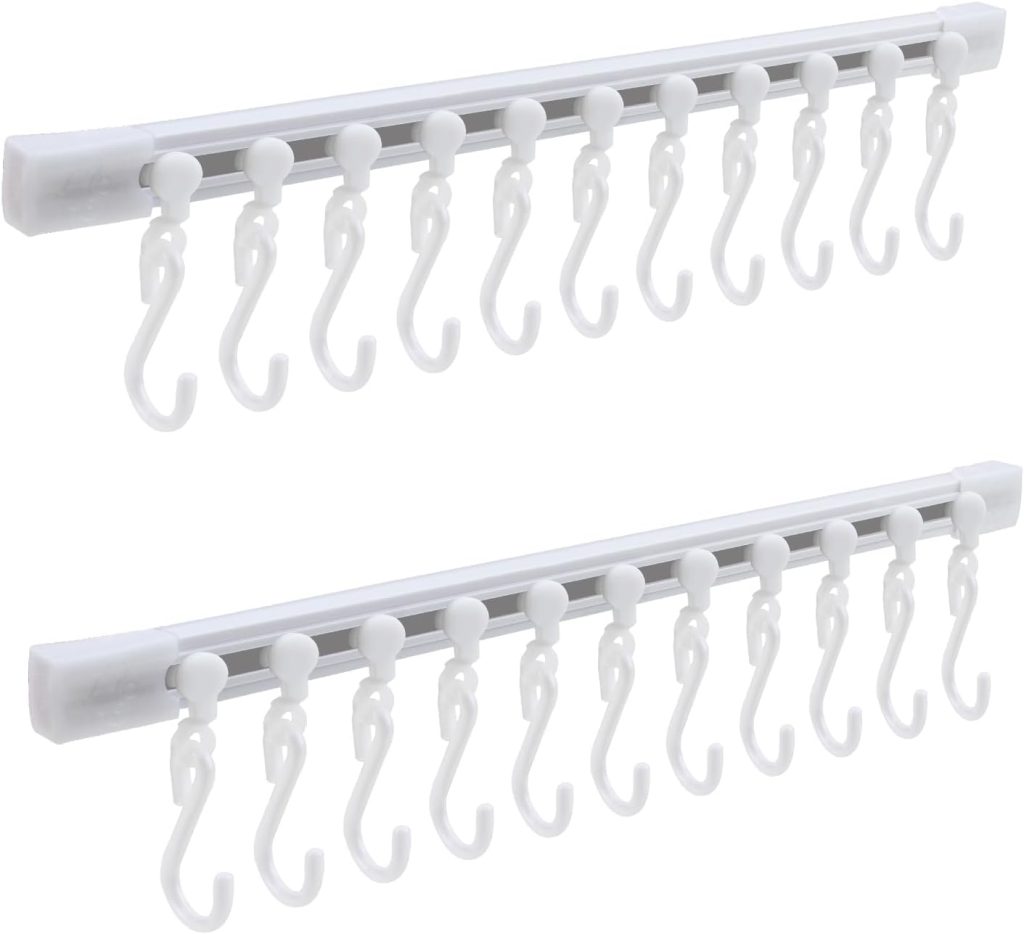 Gourmet Kitchen Rail, Steel Kitchen Utensil Hanging Rail, Wall-Mounted Cookware Organizer with 10 Sliding Hooks, No-Drill Pot Pan Lid Holder for Kitchens & Bathroom Storage, Plastic, White (2pcs)