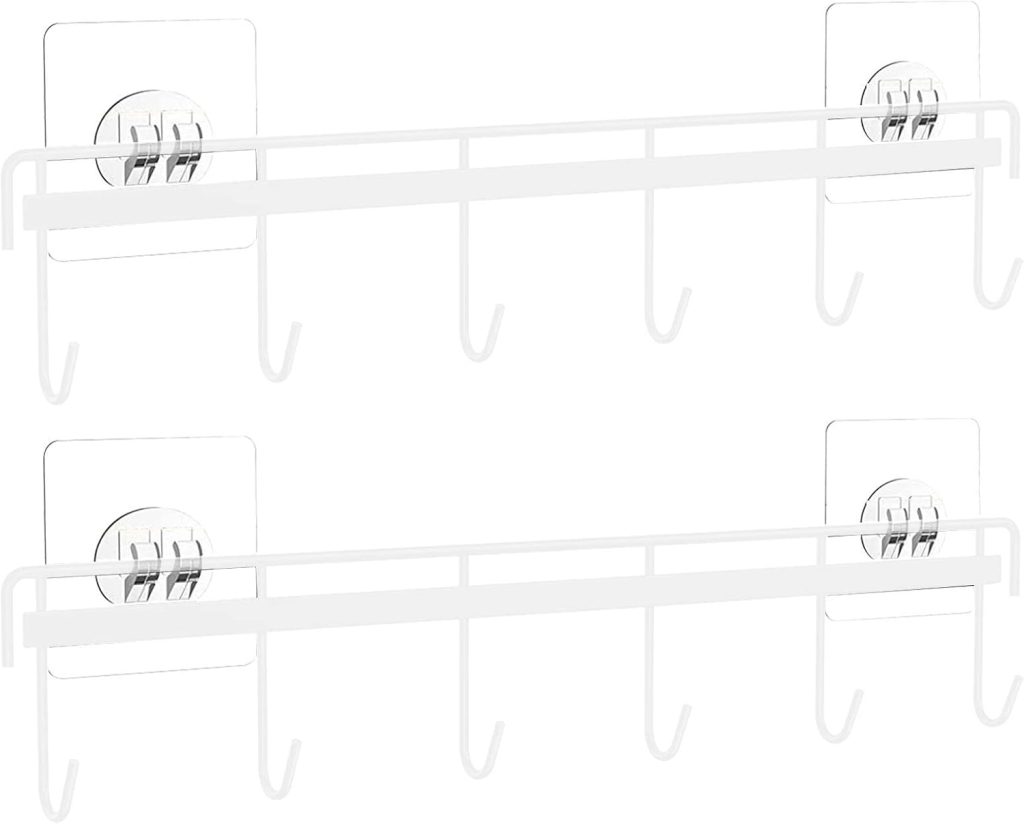 Rack, Self-adhesive Kitchen Utensil Rail Rack with 6 Hooks - Utensil Rack Holder No Drilling Wall Mounted Hanger for Kitchenware Cups Mugs