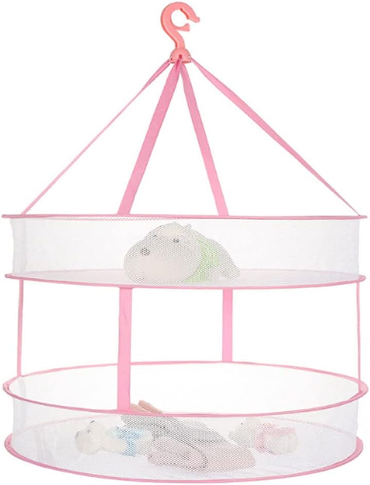 Two-Tier Round Pink Hanging Mesh Laundry Drying Net, 61 cm