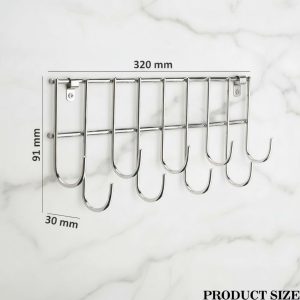 Wall-Mounted Hook Rail Stainless Steel Towel Bar with Hanging Hooks for Bathroom and Kitchen | Utensil Hanger Organizer | Silver (Pack of 1) - Image 3