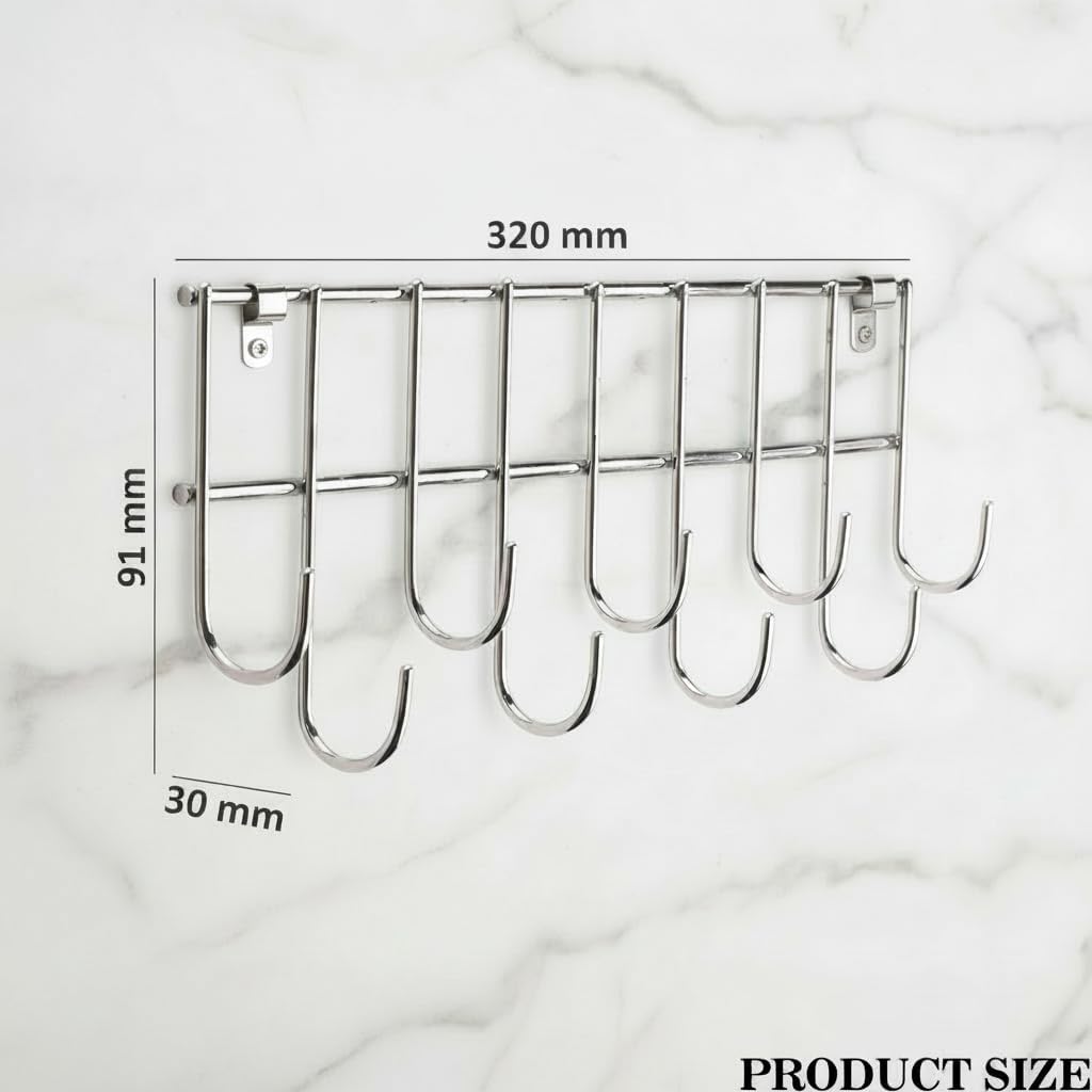 Wall-Mounted Hook Rail Stainless Steel Towel Bar with Hanging Hooks for Bathroom and Kitchen | Utensil Hanger Organizer | Silver (Pack of 1)