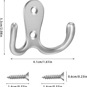 Double Prong Coat Hook Robe Hooks Dual Coat Hooks Wall Mounted Hanging Clothes Metal Door Hooks for Bathroom Bedrooms Hanging Clothes Robe Towel Kitchen (Sliver) - 4PCS - Image 2