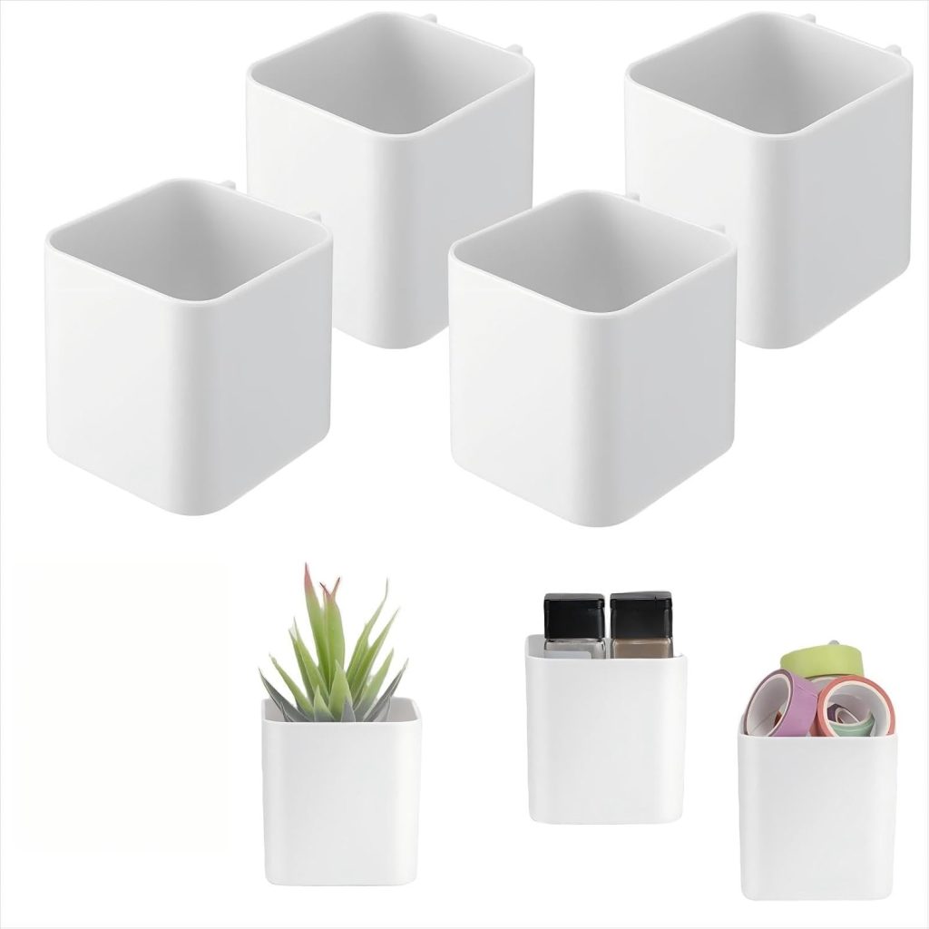 Pegboard Storage Cups with Hooks, Durable Plastic Hanging Organizer Bins for Garage, Kitchen, Office, Multipurpose Containers for Wall Tool Storage and Space-Saving Organization (White, 4 PCS)