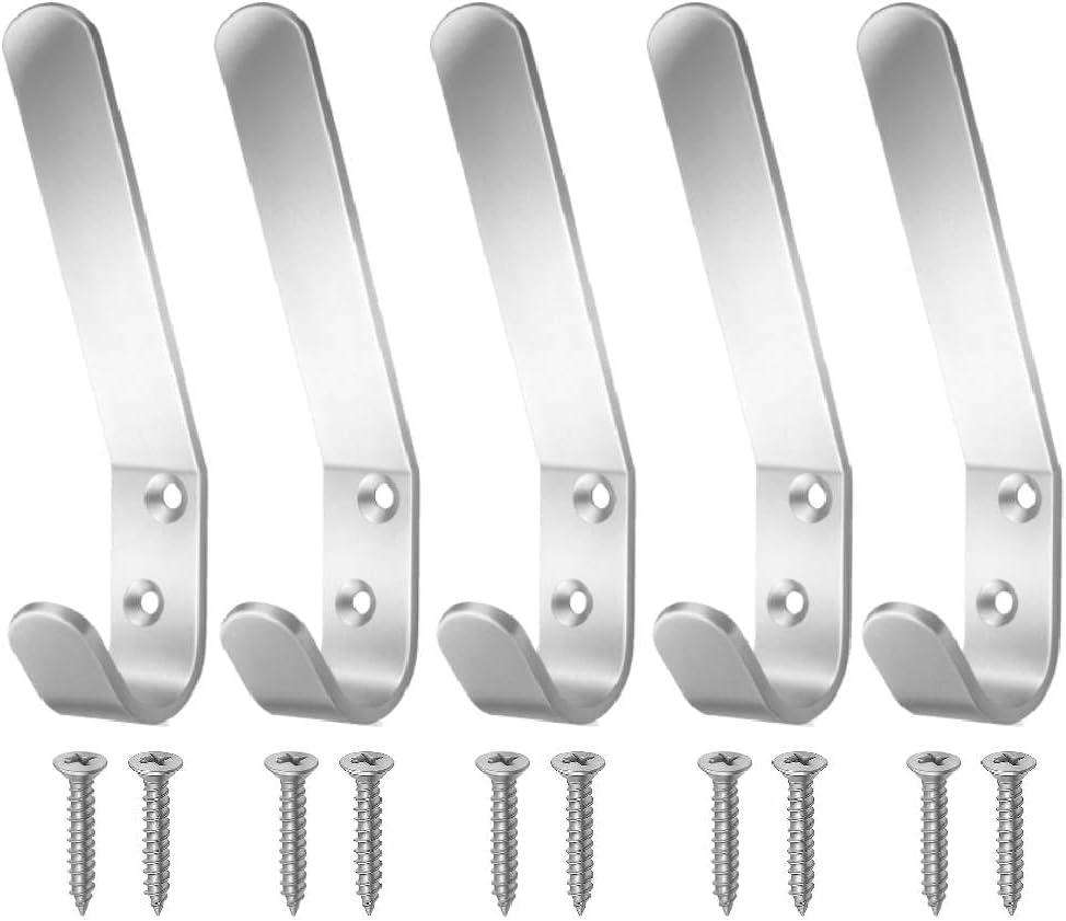Aluminum Double Hat and Coat Hanger Hooks Coat Dress Robe & Bath Towel Hook for Bathroom Bedroom Kitchen Office Door Hooks with Fixing Screws Pack of 5.