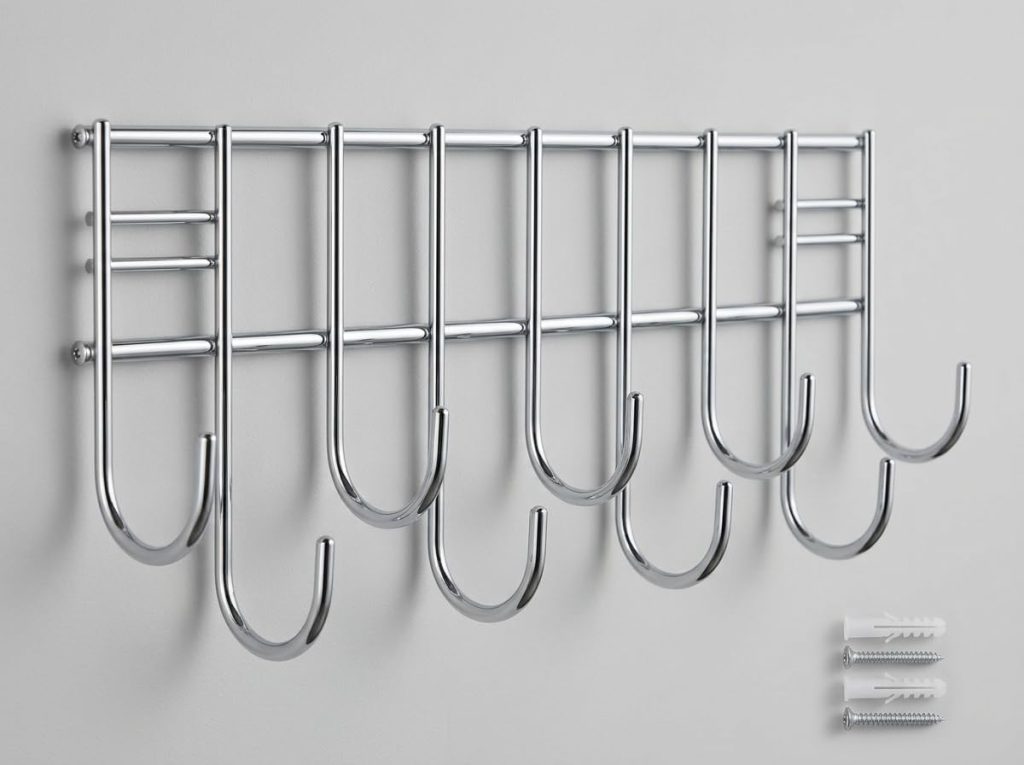 Wall-Mounted Hook Rail Stainless Steel Towel Bar with Hanging Hooks for Bathroom and Kitchen | Utensil Hanger Organizer | Silver (Pack of 1)