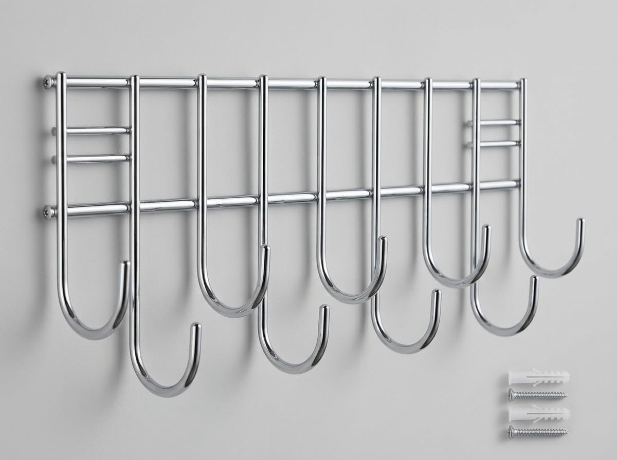 Wall-Mounted Hook Rail Stainless Steel Towel Bar with Hanging Hooks for Bathroom and Kitchen | Utensil Hanger Organizer | Silver (Pack of 1) - Image 1