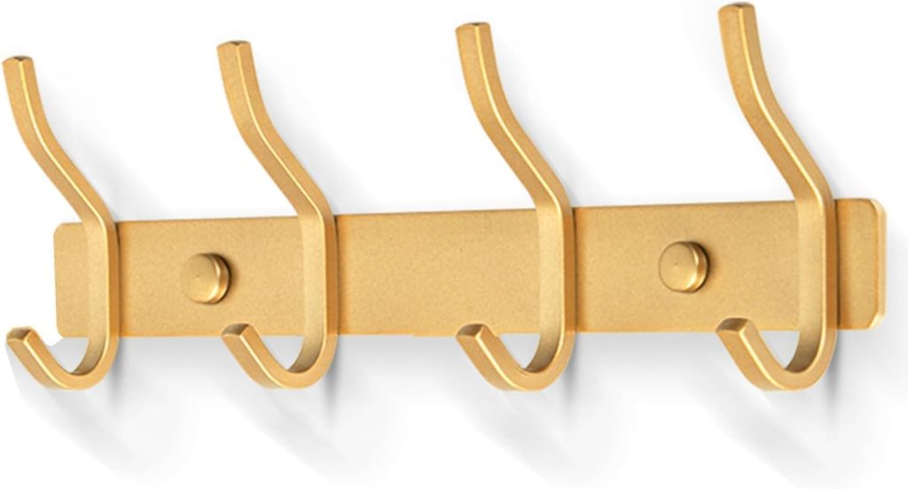 Brass Door Hooks, Towel Hook Stainless Steel Coat Hooks Wall Mounted Screw in Modern Metal Heavy Duty Coat Rack Row of Hooks Hanger Robe Clothes Hat Hook for Bathroom Bedrooms (Gold)