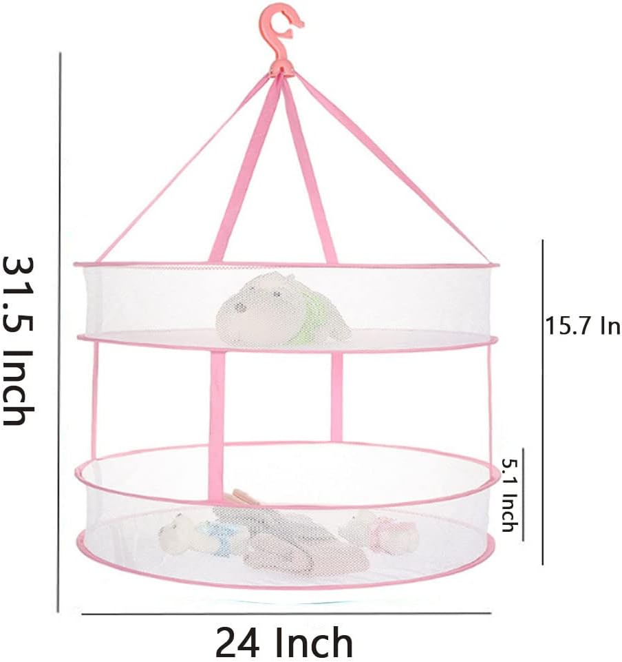 Two-Tier Round Pink Hanging Mesh Laundry Drying Net, 61 cm