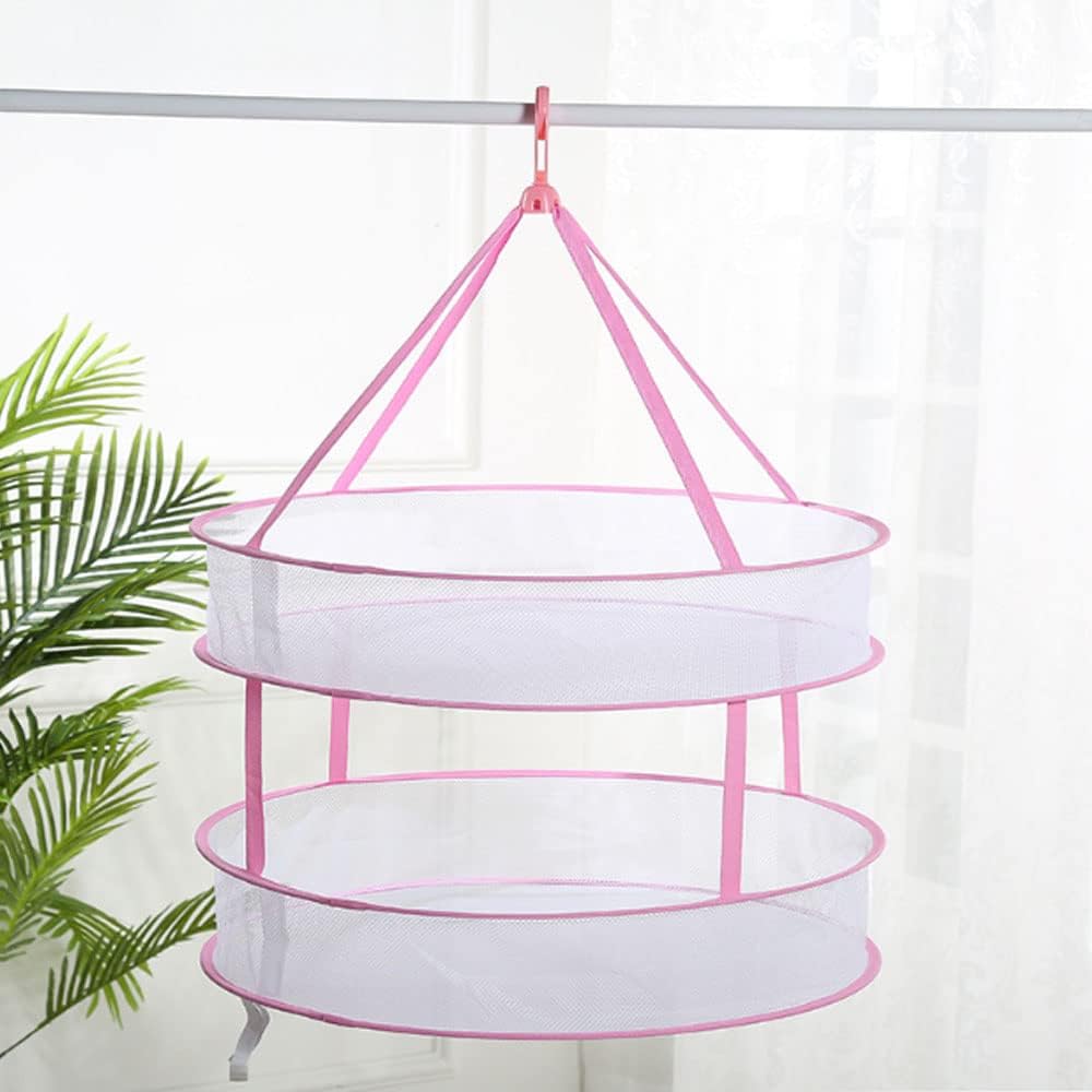 Two-Tier Round Pink Hanging Mesh Laundry Drying Net, 61 cm