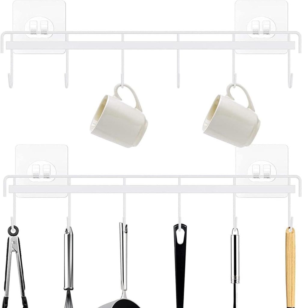 Rack, Self-adhesive Kitchen Utensil Rail Rack with 6 Hooks - Utensil Rack Holder No Drilling Wall Mounted Hanger for Kitchenware Cups Mugs