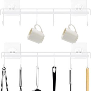 Rack, Self-adhesive Kitchen Utensil Rail Rack with 6 Hooks - Utensil Rack Holder No Drilling Wall Mounted Hanger for Kitchenware Cups Mugs - Image 1