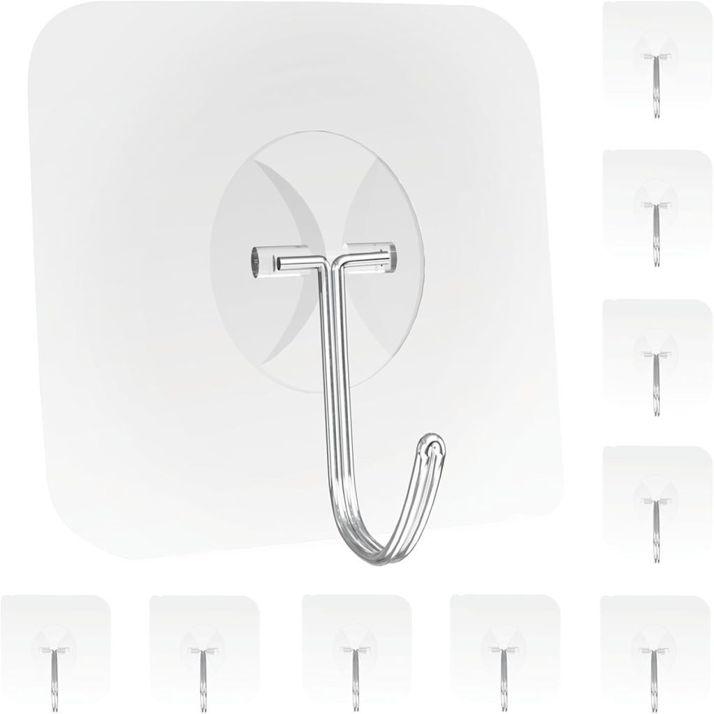 Large Hooks for Hanging Heavy-Duty 44Ib(Max) 10 Packs, Wall Hangers without Nails Self-Adhesive Traceless Clear and Removable, Waterproof and Rustproof Multiple Uses for Bathroom Kitchen Home