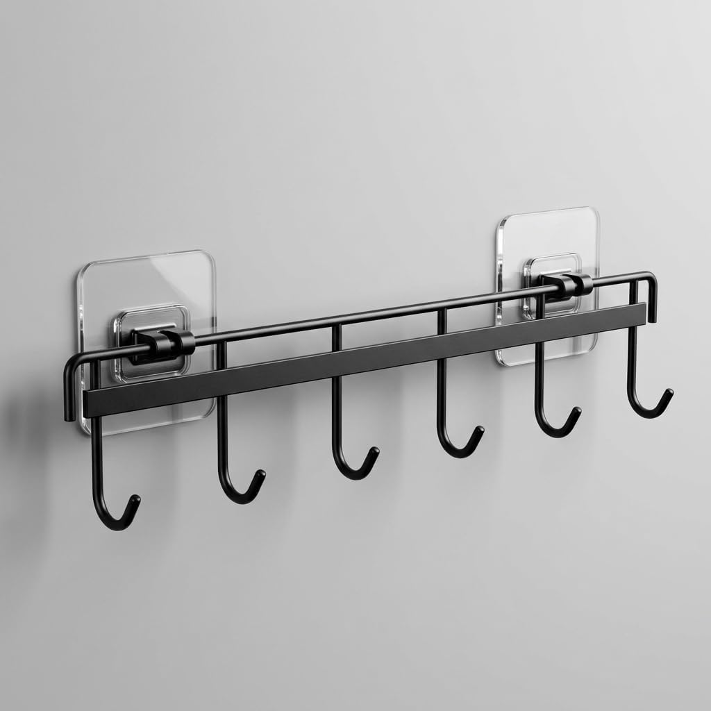 Rack No-Drill Wall-Mount Organizer with Hooks | Space-Saving Tool Holder for Kitchen, Bathroom and Camper | Black