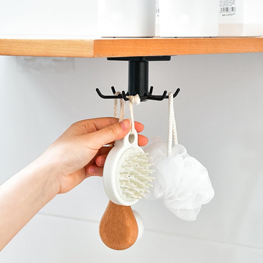 4PCS Under Cabinet Hooks for Kitchen, Nail-Free Adhesive Hanging Rack with 360 Rotation, Space-Saving Utensil, Towel, Tool Organizer, No Drilling