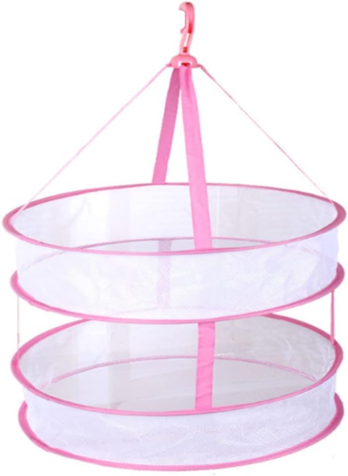 Two-Tier Round Pink Hanging Mesh Laundry Drying Net, 61 cm