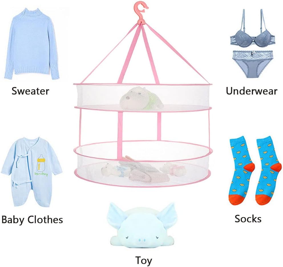 Two-Tier Round Pink Hanging Mesh Laundry Drying Net, 61 cm