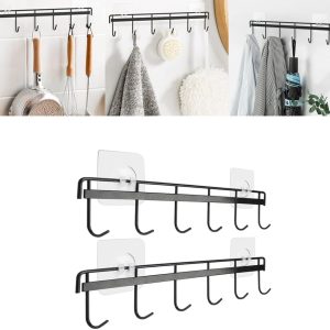 Adhesive Wall Hooks Rack Kitchen Rail, Utensil Hangers with 6 Hooks Space Saving Wall Utensil Holder Kitchen Utensil Hooks NO Drilling Waterproof Hook for Kitchen Bathroom Bedroom (2 Pack) - Image 1