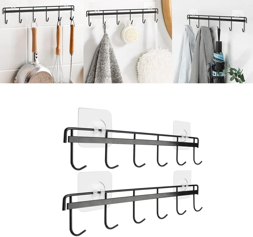 Adhesive Wall Hooks Rack Kitchen Rail, Utensil Hangers with 6 Hooks Space Saving Wall Utensil Holder Kitchen Utensil Hooks NO Drilling Waterproof Hook for Kitchen Bathroom Bedroom (2 Pack)