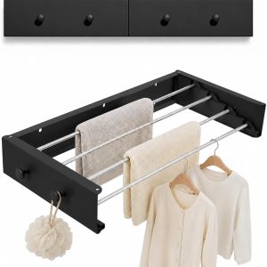 Black Wall-Mounted Foldable Clothes Drying Rack with Hooks - Image 1