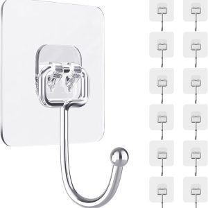 Adhesive Wall Hooks for Hanging, 16 Pack Self Sticky Hooks Heavy Duty 22lb Clear, Removable Shower Hook No Damage for Towel Key Coat Wreath Picture Outdoor Ceiling Bathroom Kitchen, Waterproof - Image 6