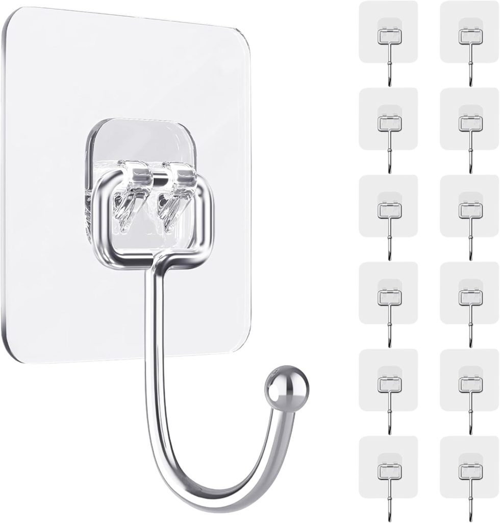 Adhesive Wall Hooks for Hanging, 16 Pack Self Sticky Hooks Heavy Duty 22lb Clear, Removable Shower Hook No Damage for Towel Key Coat Wreath Picture Outdoor Ceiling Bathroom Kitchen, Waterproof