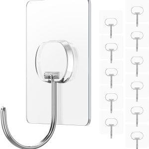 Adhesive Wall Hooks 13LB Heavy Duty No Drill Transparent Waterproof Hooks for Bathroom Kitchen Towel Coat 12 Pack - Image 3