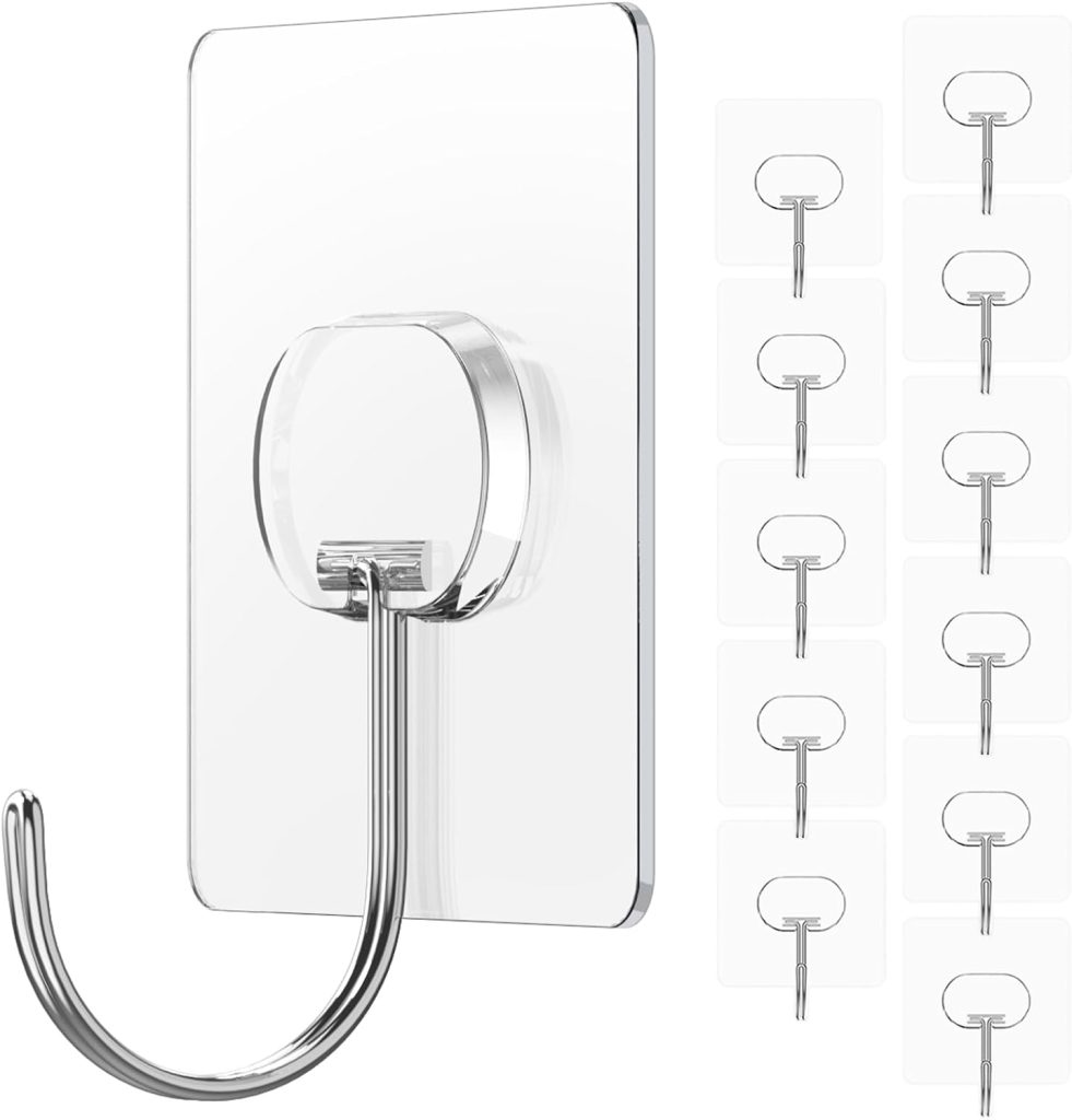 Adhesive Wall Hooks 13LB Heavy Duty No Drill Transparent Waterproof Hooks for Bathroom Kitchen Towel Coat 12 Pack