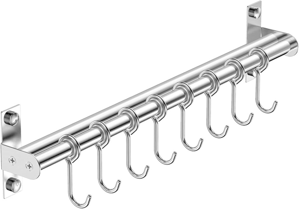 Rack Stainless Steel Rail Hanger Rod Wall Mounted Pot Pan Lid Holder Cookware Storage Organizer with Sliding Hooks for Kitchen Bathroom