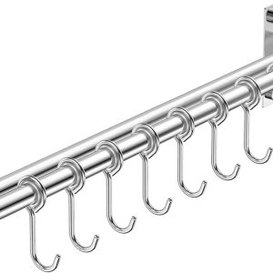 Rack Stainless Steel Rail Hanger Rod Wall Mounted Pot Pan Lid Holder Cookware Storage Organizer with Sliding Hooks for Kitchen Bathroom - Image 1