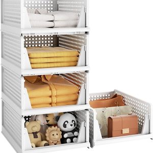 5 Pack Stackable Plastic Storage Basket, Foldable Closet Organizers and Storage Bins, Drawer Shelf Storage Container with Slide Rails for Wardrobe Kitchen Laundry Bathroom Office Dorm, White - Image 1