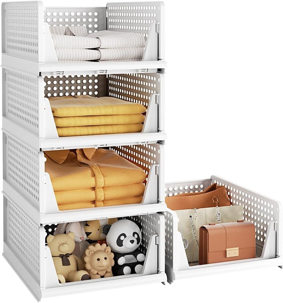 5 Pack Stackable Plastic Storage Basket, Foldable Closet Organizers and Storage Bins, Drawer Shelf Storage Container with Slide Rails for Wardrobe Kitchen Laundry Bathroom Office Dorm, White