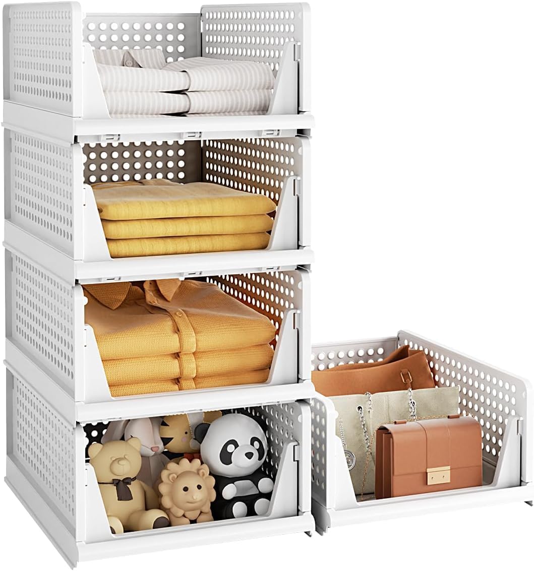 5 Pack Stackable Plastic Storage Basket, Foldable Closet Organizers and Storage Bins, Drawer Shelf Storage Container with Slide Rails for Wardrobe Kitchen Laundry Bathroom Office Dorm, White - Image 1