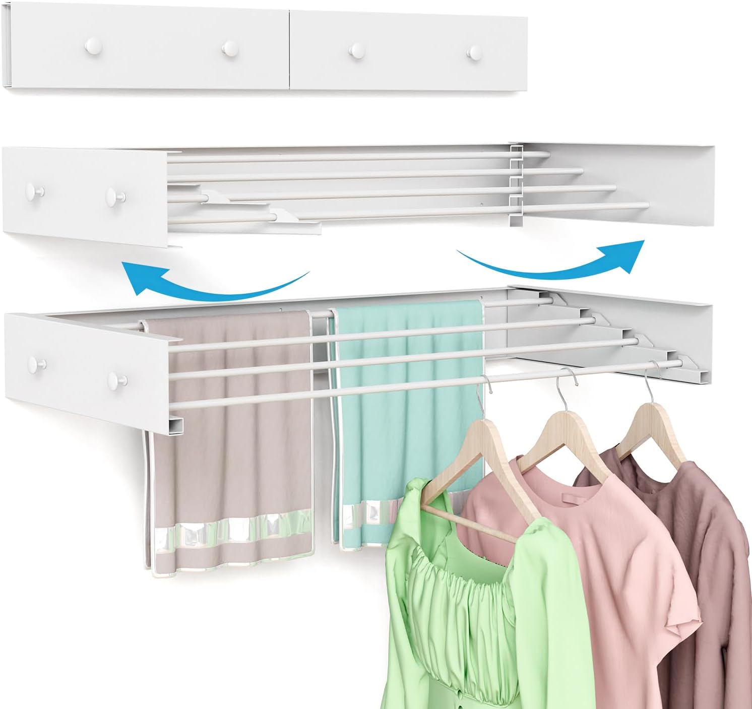 White Wall-Mounted Hidden Clothes Drying Rack, 32 in - Image 7