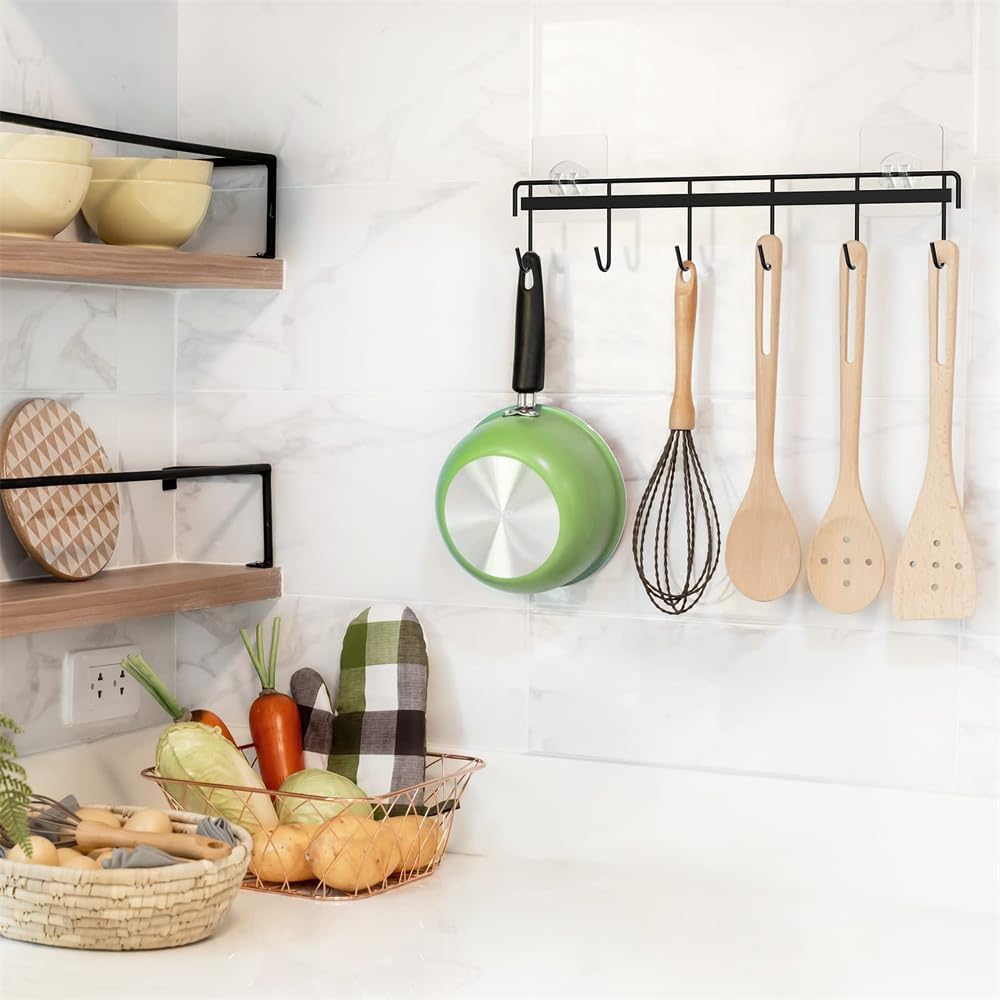Adhesive Wall Hooks Rack Kitchen Rail, Utensil Hangers with 6 Hooks Space Saving Wall Utensil Holder Kitchen Utensil Hooks NO Drilling Waterproof Hook for Kitchen Bathroom Bedroom (2 Pack)