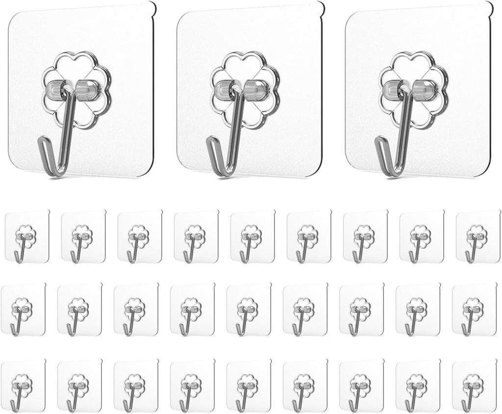Adhesive Hooks for Hanging, Heavy Duty Wall Hooks 20 Pack, Removable Sticky Ceiling Hooks, Transparent Self Adhesive Shower Hooks, Water & Oil Proof Strong 22lb(Max) Door Coat Hooks
