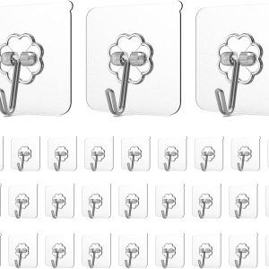 Adhesive Hooks for Hanging, Heavy Duty Wall Hooks 20 Pack, Removable Sticky Ceiling Hooks, Transparent Self Adhesive Shower Hooks, Water & Oil Proof Strong 22lb(Max) Door Coat Hooks - Image 1