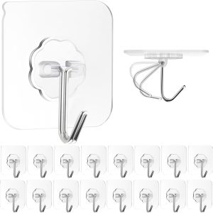 Adhesive Wall Hooks for Hanging, 16 Pack Self Sticky Hooks Heavy Duty 22lb Clear, Removable Shower Hook No Damage for Towel Key Coat Wreath Picture Outdoor Ceiling Bathroom Kitchen, Waterproof - Image 5