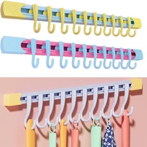 2 Pcs Adhesive Slide Rail Hook, Wall Mount Kitchen Utensil Holder Rack with 10 Hooks Each Pink 11.8 Inch No Punching Adjustable Hanging Storage - Image 1