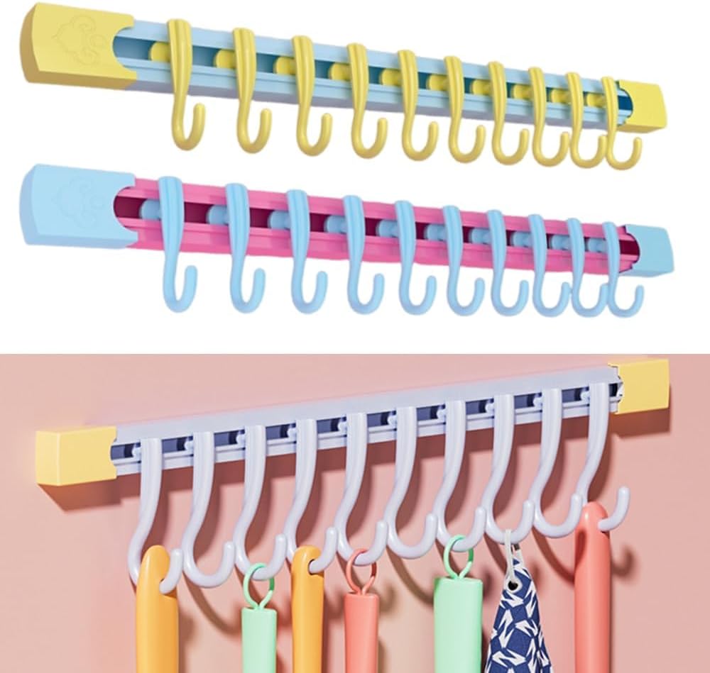 2 Pcs Adhesive Slide Rail Hook, Wall Mount Kitchen Utensil Holder Rack with 10 Hooks Each Pink 11.8 Inch No Punching Adjustable Hanging Storage