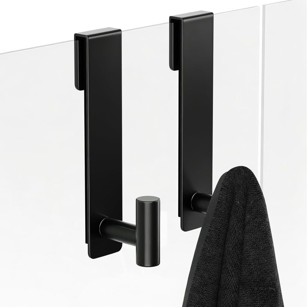 T-Shape Heavy-Duty Stainless Steel Over The Door Shower Hooks - Frameless Glass Shower Door Hooks for Bathroom Towel Holder 19 cm Hook for Robe, Towels, Shower (2-Pack, Black)