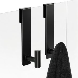 T-Shape Heavy-Duty Stainless Steel Over The Door Shower Hooks - Frameless Glass Shower Door Hooks for Bathroom Towel Holder 19 cm Hook for Robe, Towels, Shower (2-Pack, Black) - Image 1