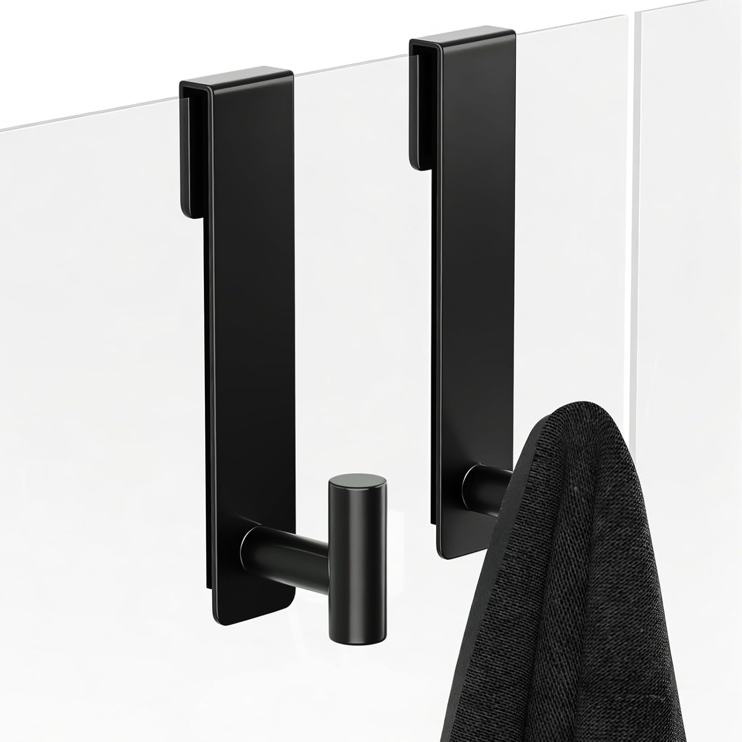 T-Shape Heavy-Duty Stainless Steel Over The Door Shower Hooks - Frameless Glass Shower Door Hooks for Bathroom Towel Holder 19 cm Hook for Robe, Towels, Shower (2-Pack, Black) - Image 1