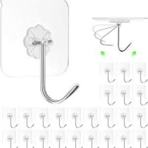 Adhesive Wall Hooks for Hanging, 16 Pack Self Sticky Hooks Heavy Duty 22lb Clear, Removable Shower Hook No Damage for Towel Key Coat Wreath Picture Outdoor Ceiling Bathroom Kitchen, Waterproof - Image 1