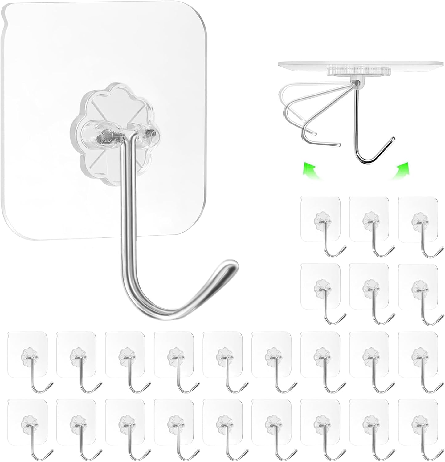 Adhesive Wall Hooks for Hanging, 16 Pack Self Sticky Hooks Heavy Duty 22lb Clear, Removable Shower Hook No Damage for Towel Key Coat Wreath Picture Outdoor Ceiling Bathroom Kitchen, Waterproof - Image 1