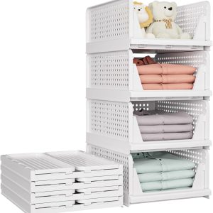 5 Pack Stackable Plastic Storage Basket, Foldable Closet Organizers and Storage Bins, Drawer Shelf Storage Container with Slide Rails for Wardrobe Kitchen Laundry Bathroom Office Dorm, White - Image 3