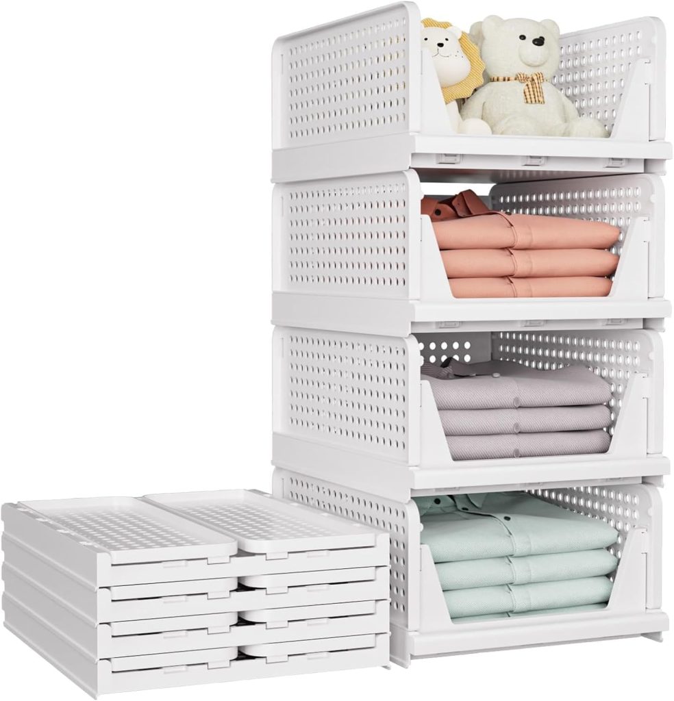 5 Pack Stackable Plastic Storage Basket, Foldable Closet Organizers and Storage Bins, Drawer Shelf Storage Container with Slide Rails for Wardrobe Kitchen Laundry Bathroom Office Dorm, White
