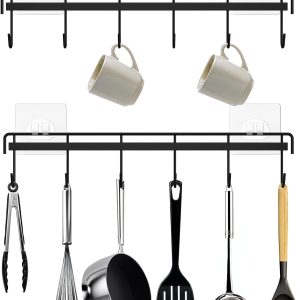 Kitchen Utensil Hanger, Adhesive Utensil Holder Wall Mount Kitchen Rack Rail with 12 Hooks, Space Saving and No Drilling, Black, 2 Pcs - Image 1