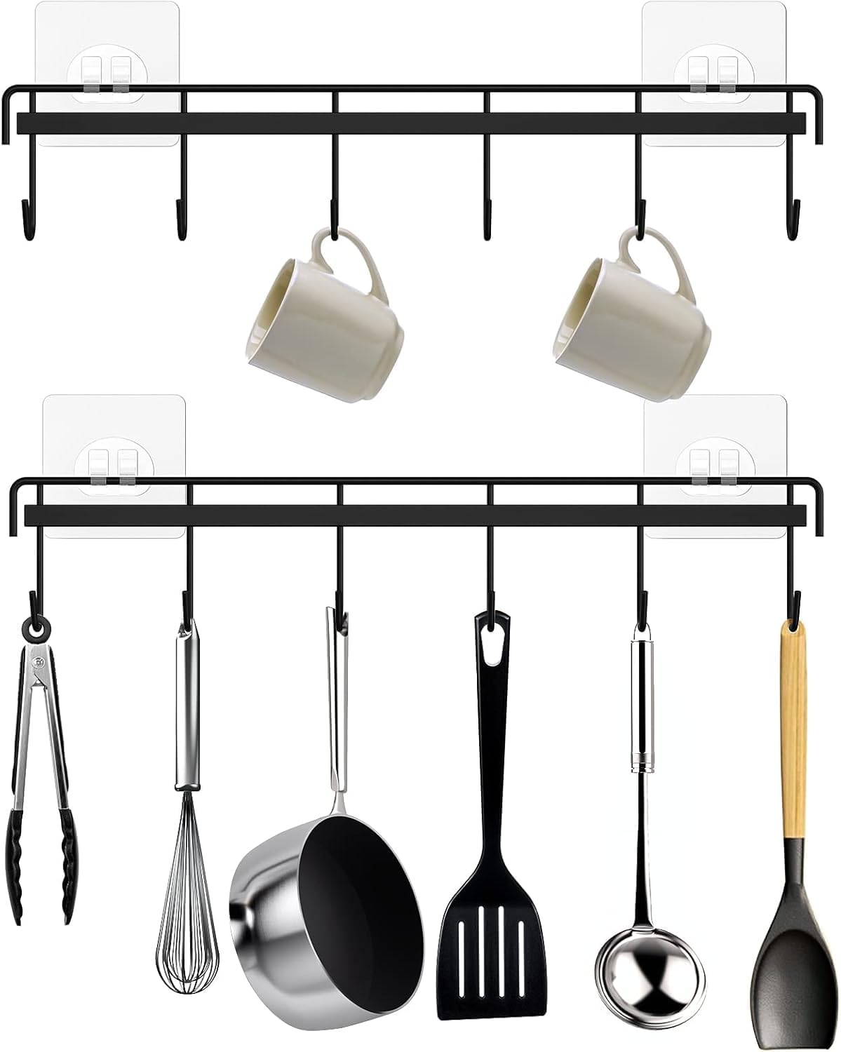 Kitchen Utensil Hanger, Adhesive Utensil Holder Wall Mount Kitchen Rack Rail with 12 Hooks, Space Saving and No Drilling, Black, 2 Pcs - Image 1