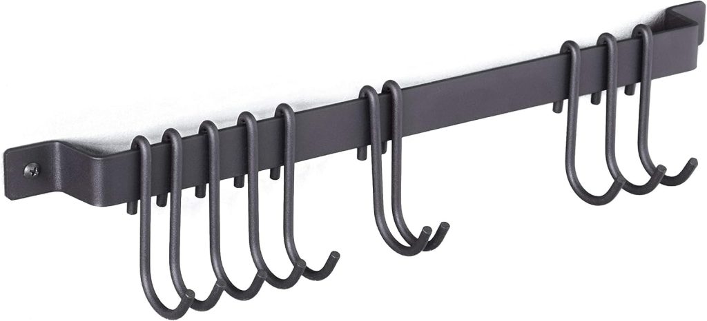 Rack with 10 Hooks - 17 Inch Black Farmhouse Kitchen Rail, Hanging Organizer for Pots, Pans, Utensils, Mugs & Towels, Sturdy Rustic Wall Mount Rod